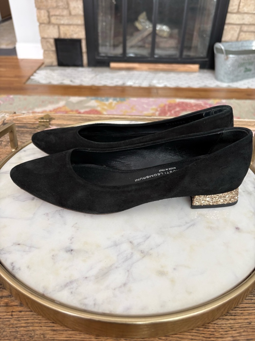 AGL Attilio Giusti Leombruni Black Suede Pointed Toe Flats w/ Gold Glitter Heel